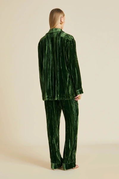 Shop Olivia Von Halle Yves Emerald Green Silk Velvet Pyjamas