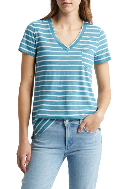 Shop Caslon ® V-neck Short Sleeve Pocket T-shirt In Teal- Ivory Josephine Stripe