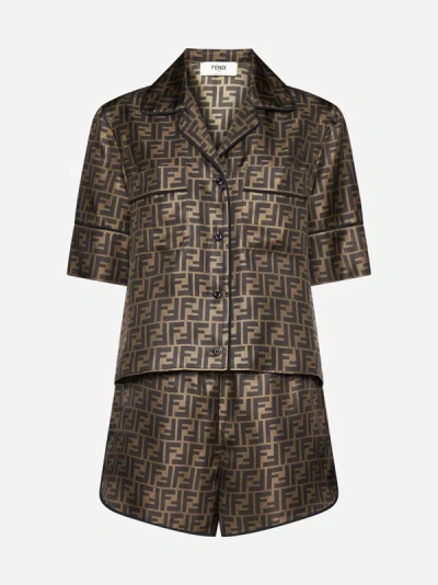 Shop Fendi Ff Silk Shirt + Shorts Pajamas Set In Tobacco