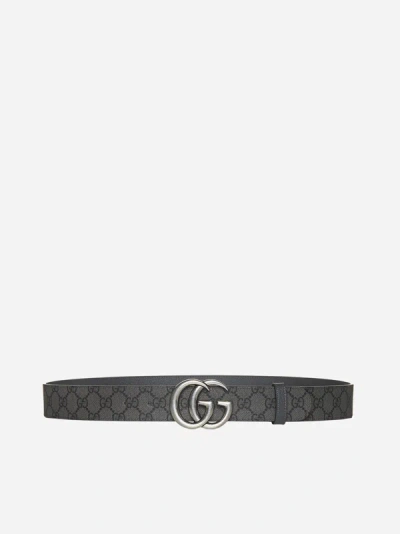 Shop Gucci Gg Marmont Leather And Fabric Reversible Belt In Grey
