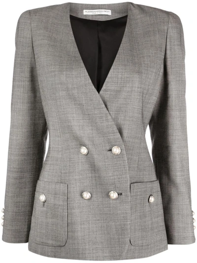 Shop Alessandra Rich Double Breasted Tartan Wool Jacket In Grey