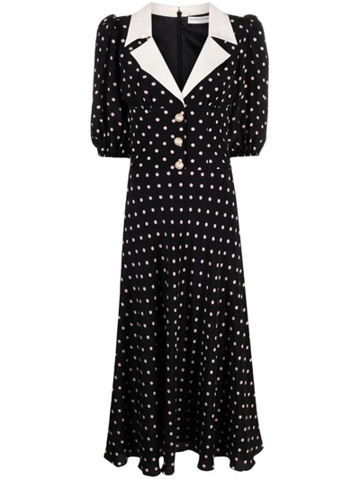 Shop Alessandra Rich Polka Dot Silk Midi Dress In Black