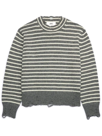 Shop Ami Alexandre Mattiussi Ami Paris Striowd Wool Sweater In Grey