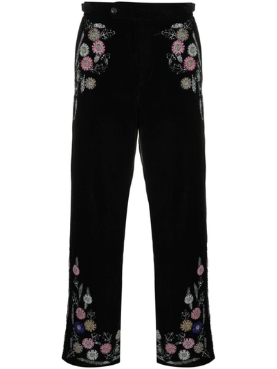 Shop Bode Embroidered Cotton Trousers In Black