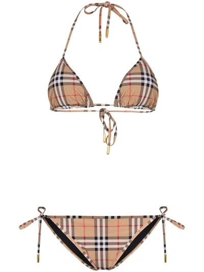 Shop Burberry Check Motif Triangle Bikini Set In Beige