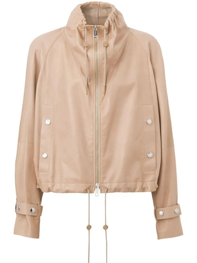 Shop Burberry Cropped Leather Jacket In Beige