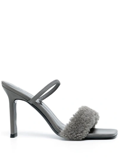 Shop By Far Shearling Strap Open Toe Heels In Grey