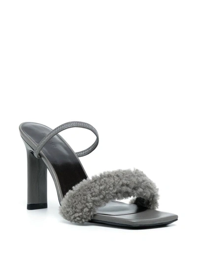 Shop By Far Shearling Strap Open Toe Heels In Grey