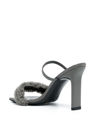 Shop By Far Shearling Strap Open Toe Heels In Grey