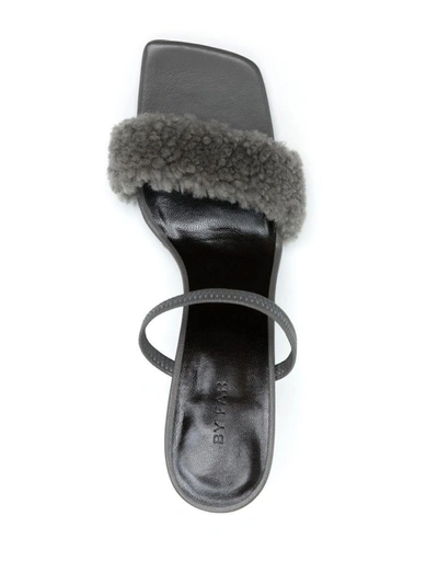 Shop By Far Shearling Strap Open Toe Heels In Grey