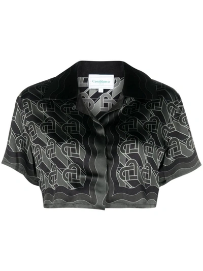 Shop Casablanca Logo Cropped Silk Shirt In Black