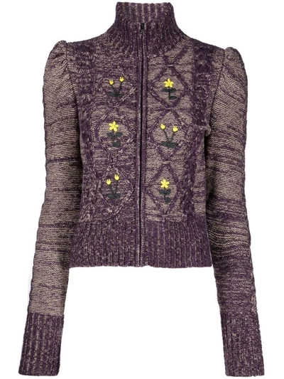 Shop Cormio Emma Floral-embroidered Zip-up Cardigan In Purple
