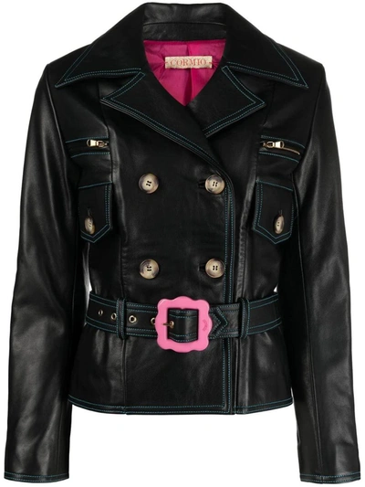 Shop Cormio Florence Double-breasted Belted Leather Jacket In Black