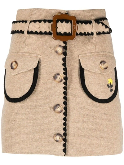 Shop Cormio Helga Belted Button-up Wool Skirt In Beige Black