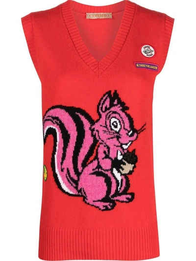 Shop Cormio Squirrel-print Knit Vest In Red/multicolor