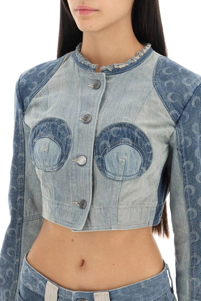 Shop Marine Serre Regenerated Denim Cropped Jacket In Blue