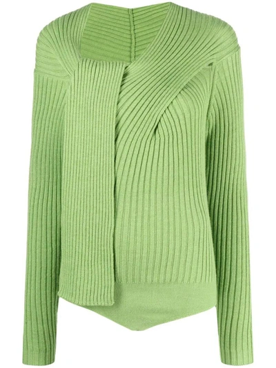 Shop Msgm Ribbed-knit Knot-detail Top In Green