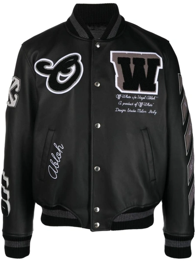 Shop Off-white Leather Varsity Jacket In Black