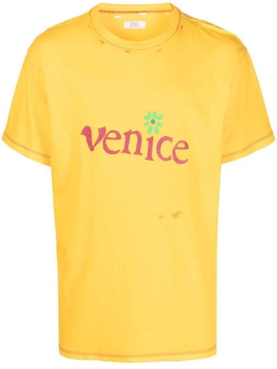 Shop Erl Venice Cotton And Linen Blend T-shirt In Yellow