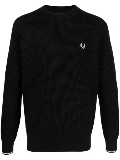 Shop Fred Perry Logo Cotton Crewneck Jumper In Black