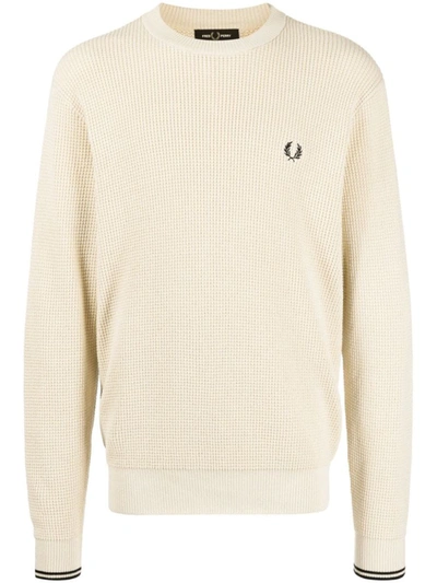 Shop Fred Perry Logo Cotton Crewneck Jumper In Beige