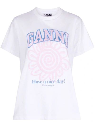 Shop Ganni Flower Print Organic Cotton T-shirt In White