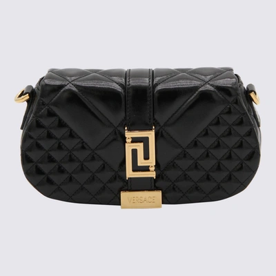 Shop Versace Black And Gold Leather Mini Greca Goddess Shoulder Bag In Caramel/ Gold