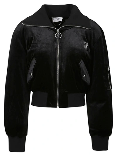 Shop Juicy Couture Logo Cropped Velvet Bomber Jacket In Black