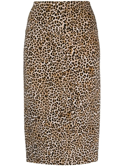 Shop Norma Kamali Leopard Print Midi Pencil Skirt In Brown