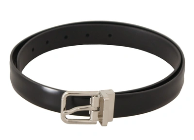 Shop Dolce & Gabbana Black Calf Leather Silver Metal Logo Buckle Belt