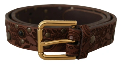 Shop Dolce & Gabbana Brown Calf Leather Embossed Gold Metal Buckle