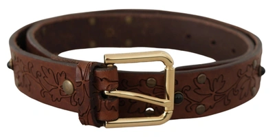 Shop Dolce & Gabbana Brown Leather Floral Studded Metal Buckle Belt