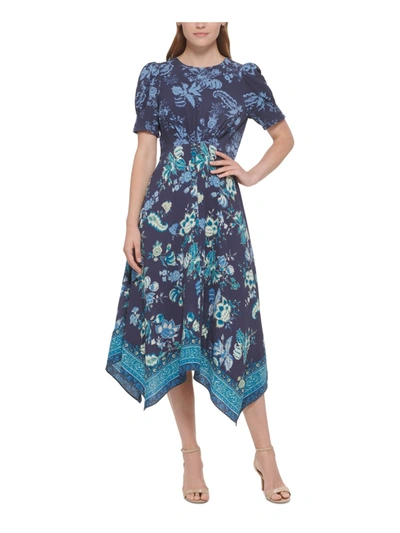 Shop Vince Camuto Womens Floral Print Puff Sleeve Midi Dress In Blue