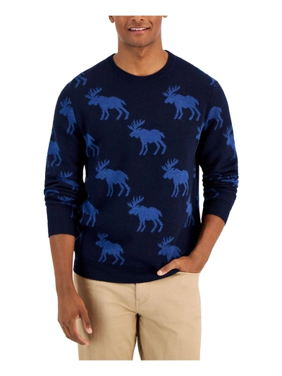 Shop Club Room Moose Mens Printed Wool Blend Crewneck Sweater In Blue
