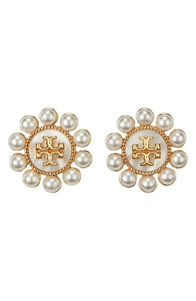 Shop Tory Burch Kira Imitation Pearl Logo Stud Earrings In Tory Gold / Cream