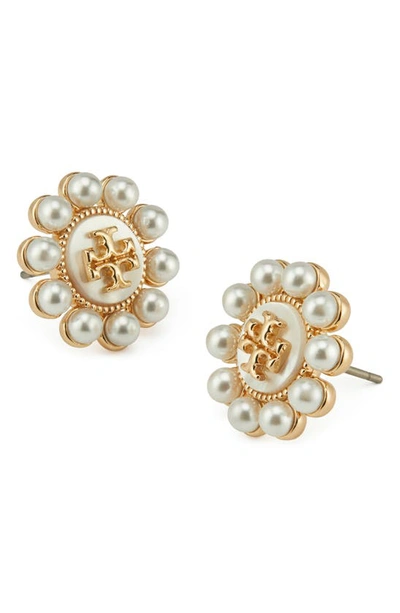 Shop Tory Burch Kira Imitation Pearl Logo Stud Earrings In Tory Gold / Cream