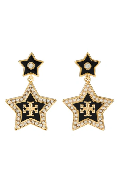 Shop Tory Burch Falling Star Drop Earrings In Tory Gold / Black / Crystal