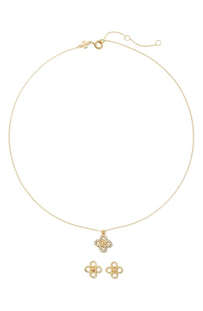 Shop Tory Burch Kira Clover Pendant Necklace & Stud Earrings Set In Tory Gold / Crystal
