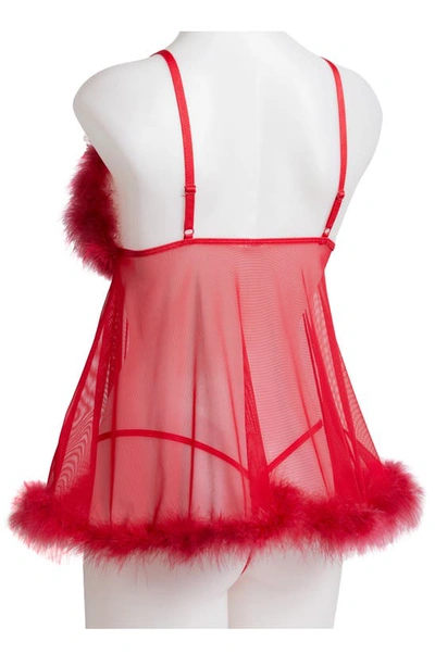 Shop Coquette Feathery Babydoll Chemise & G-string Set In Red