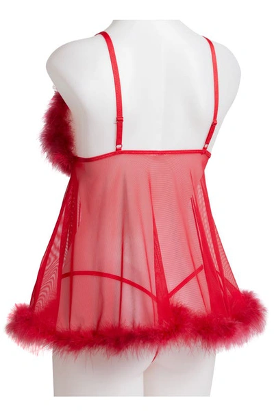 Coquette Feathery Babydoll Chemise & G-string Set In Red