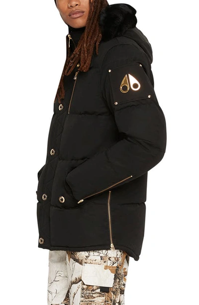 Shop Moose Knuckles Gold 3q Down Hooded Jacket With Genuine Shearling Trim In Black W Black S