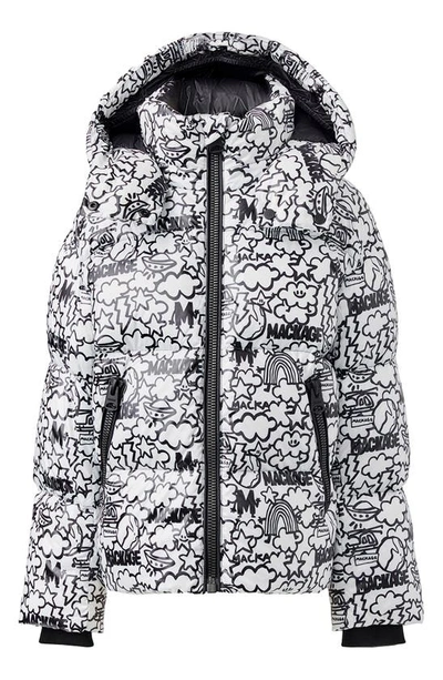 Shop Mackage X Matthew Langille Kids' Jesse Water Repellent 800 Fill Power Recycled Down Jacket With Hood In White/ Black Print