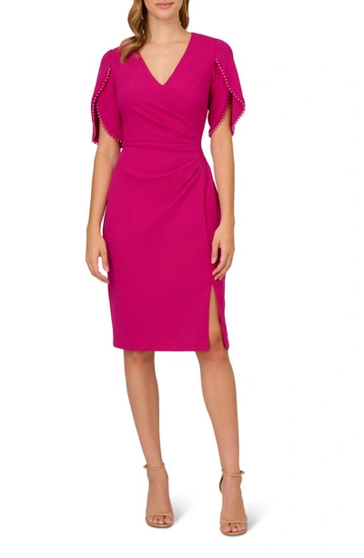 Shop Adrianna Papell Pleated Imitation Pearl Trim Crepe Sheath Dress In Hot Orchid