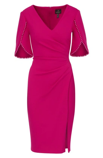 Shop Adrianna Papell Pleated Imitation Pearl Trim Crepe Sheath Dress In Hot Orchid