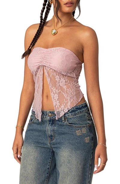 Edikted Twilight Strapless Lace Split Front Crop Top In Light-pink