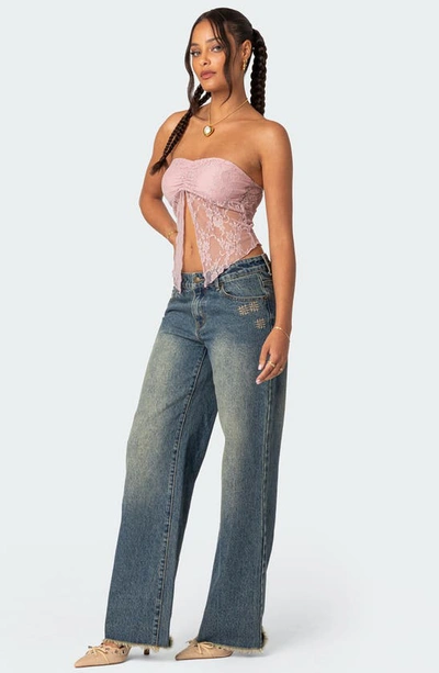 Edikted Twilight Strapless Lace Split Front Crop Top In Light-pink