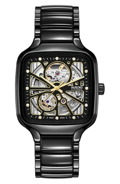 Shop Rado True Square Diamond Automatic Open Heart Bracelet Watch, 38mm In Black