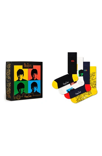 Shop Happy Socks Assorted 4-pack Beatles Cotton Blend Crew Socks Gift Box In Beatles Combo