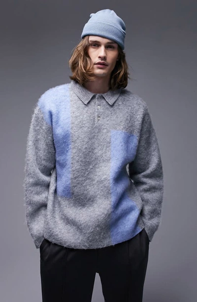 Shop Topman Colorblock Fluffy Long Sleeve Polo Sweater In Grey