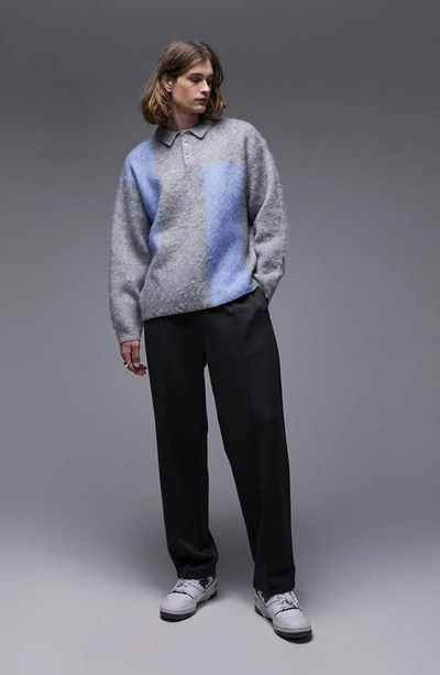 Shop Topman Colorblock Fluffy Long Sleeve Polo Sweater In Grey